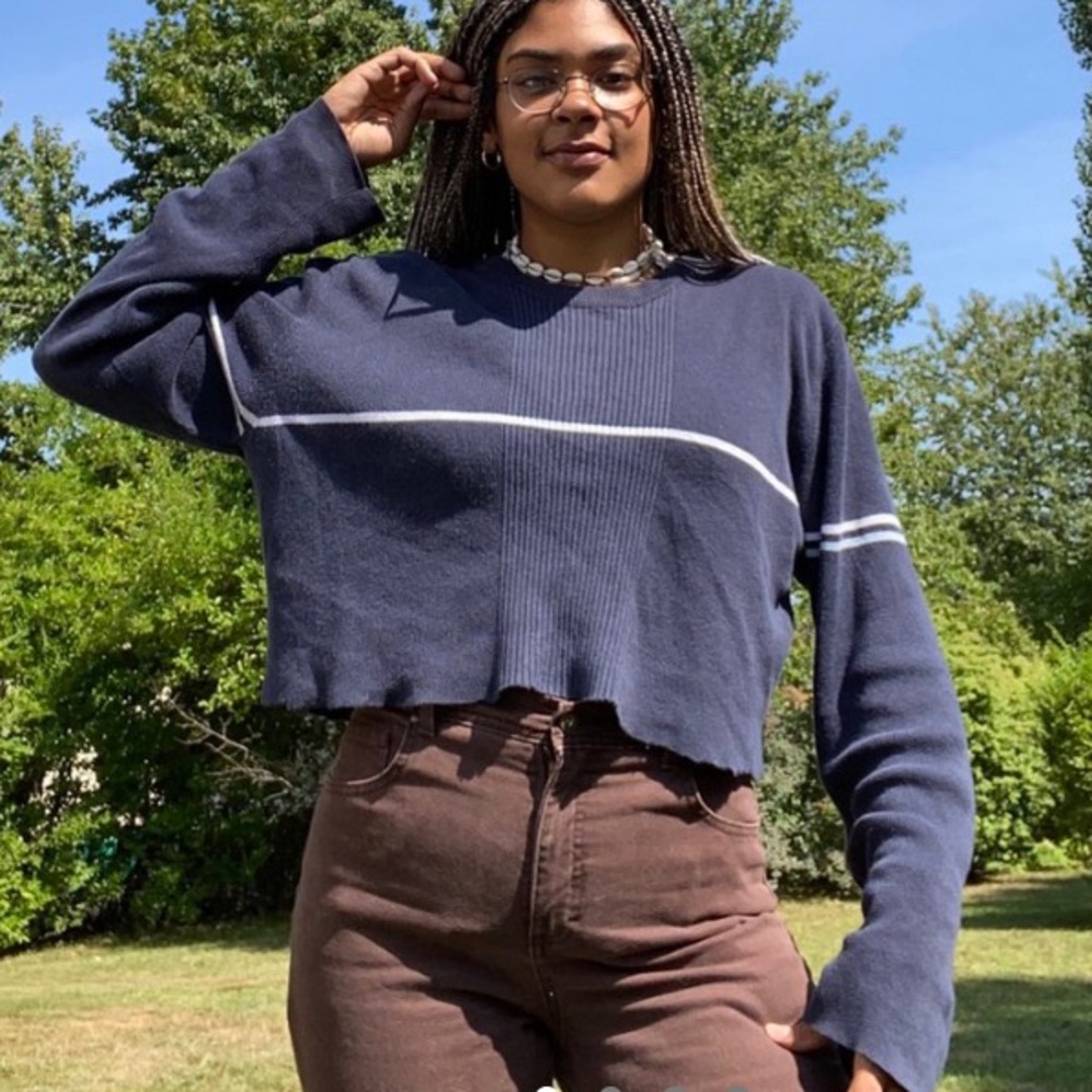 Navy Blue Striped Sweater Crop Top